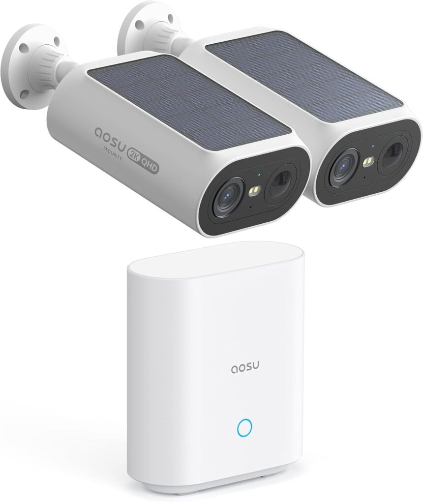 AOSU 2K Wireless Outdoor Surveillance Camera, Base+ 2 Cam, No Monthly Fee, 3MP WiFi Solar Camera with Battery, Integrated Solar Panel, Night Vision Colour, Motion Detector