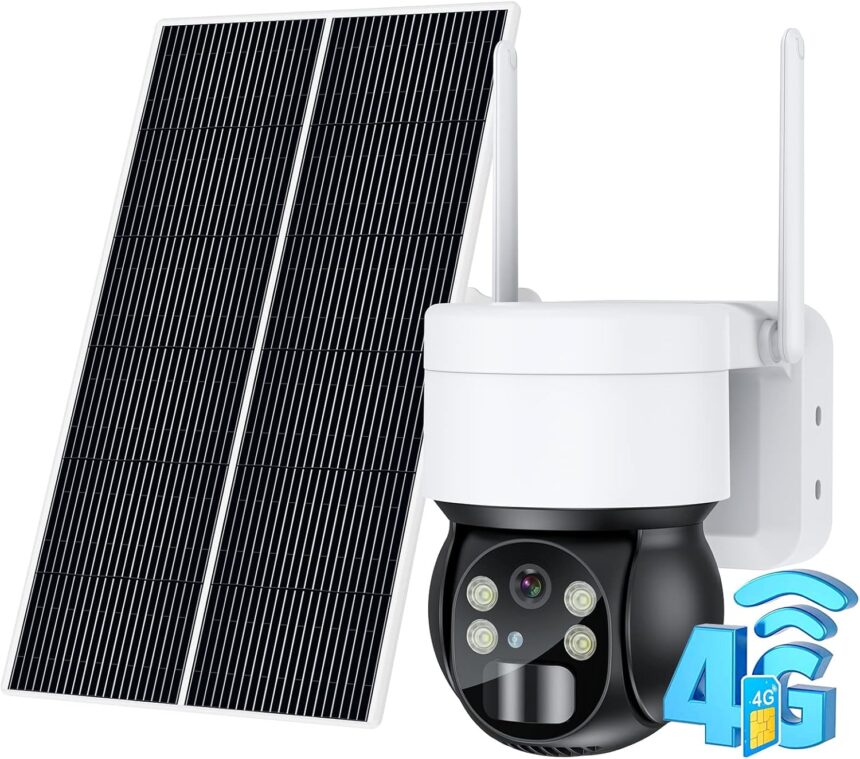 Ankway 4G LTE Solar Surveillance Camera with SIM Card, 2K 4G Outdoor Wireless Camera with Night Vision Colour, PIR Detection, Panoramic Tilt 355°/90°, Two-Way Audio, IP66