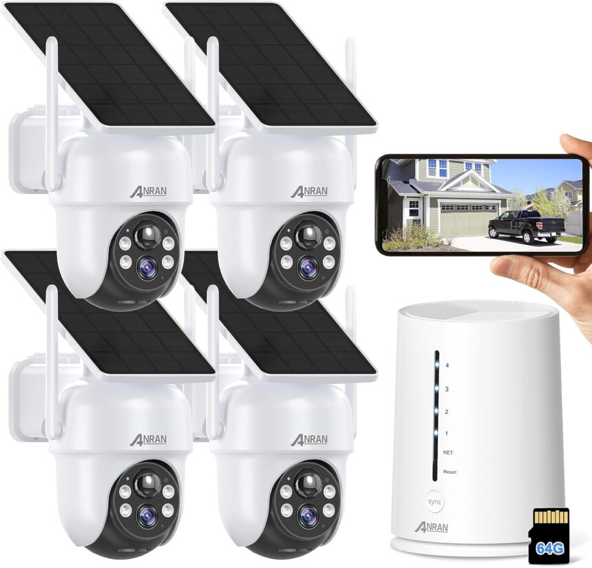 ANRAN 4CH Kit 4MP 360° PTZ Wireless Outdoor WiFi Camera, Built-in Solar Panel, Colour Night Vision, 64G Local Storage, Motion Detection, Alarm Siren, Two-Way Audio, IP66