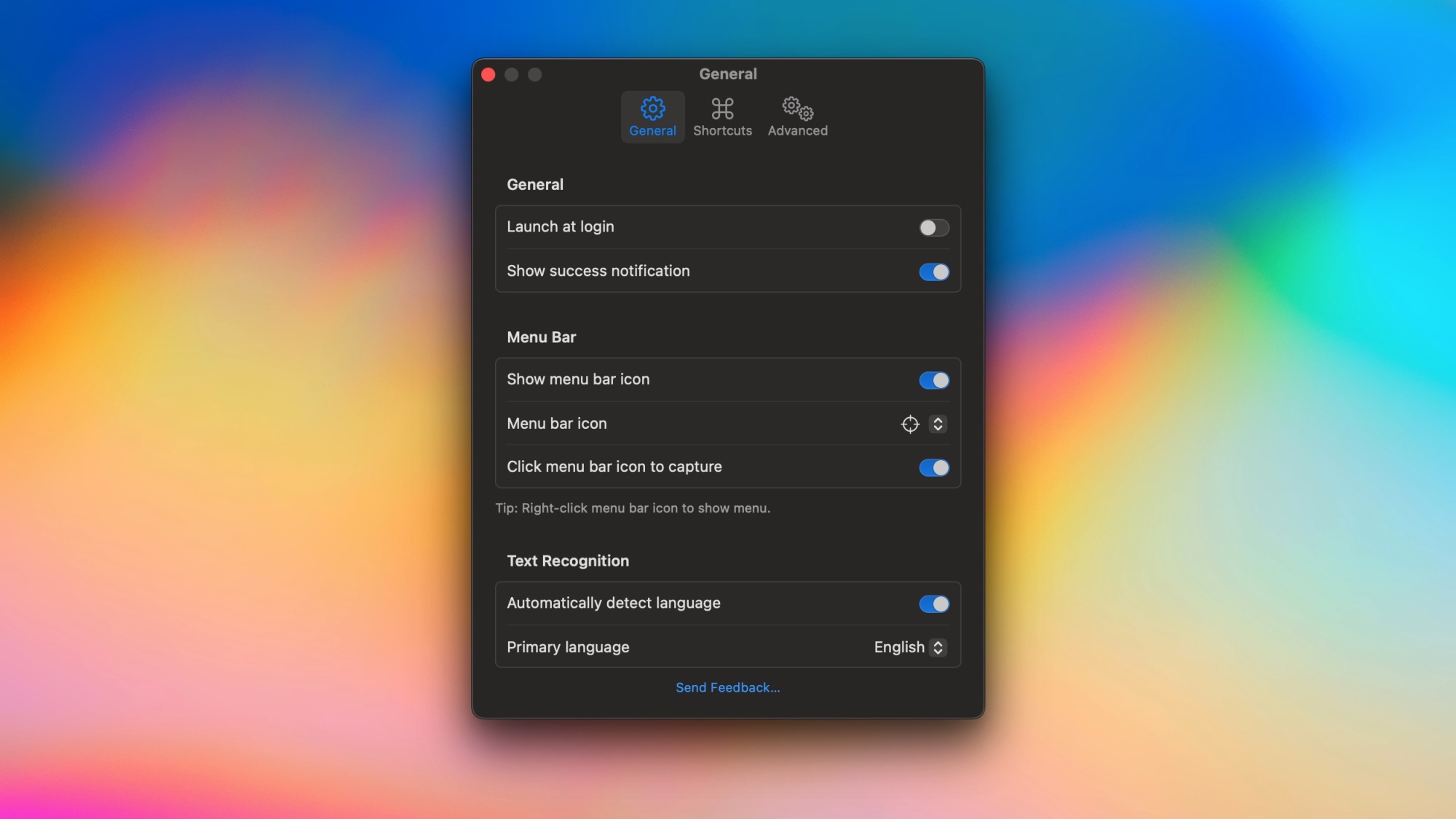 Fenêtre des paramètres de Text Lens ouverte sur un Mac.