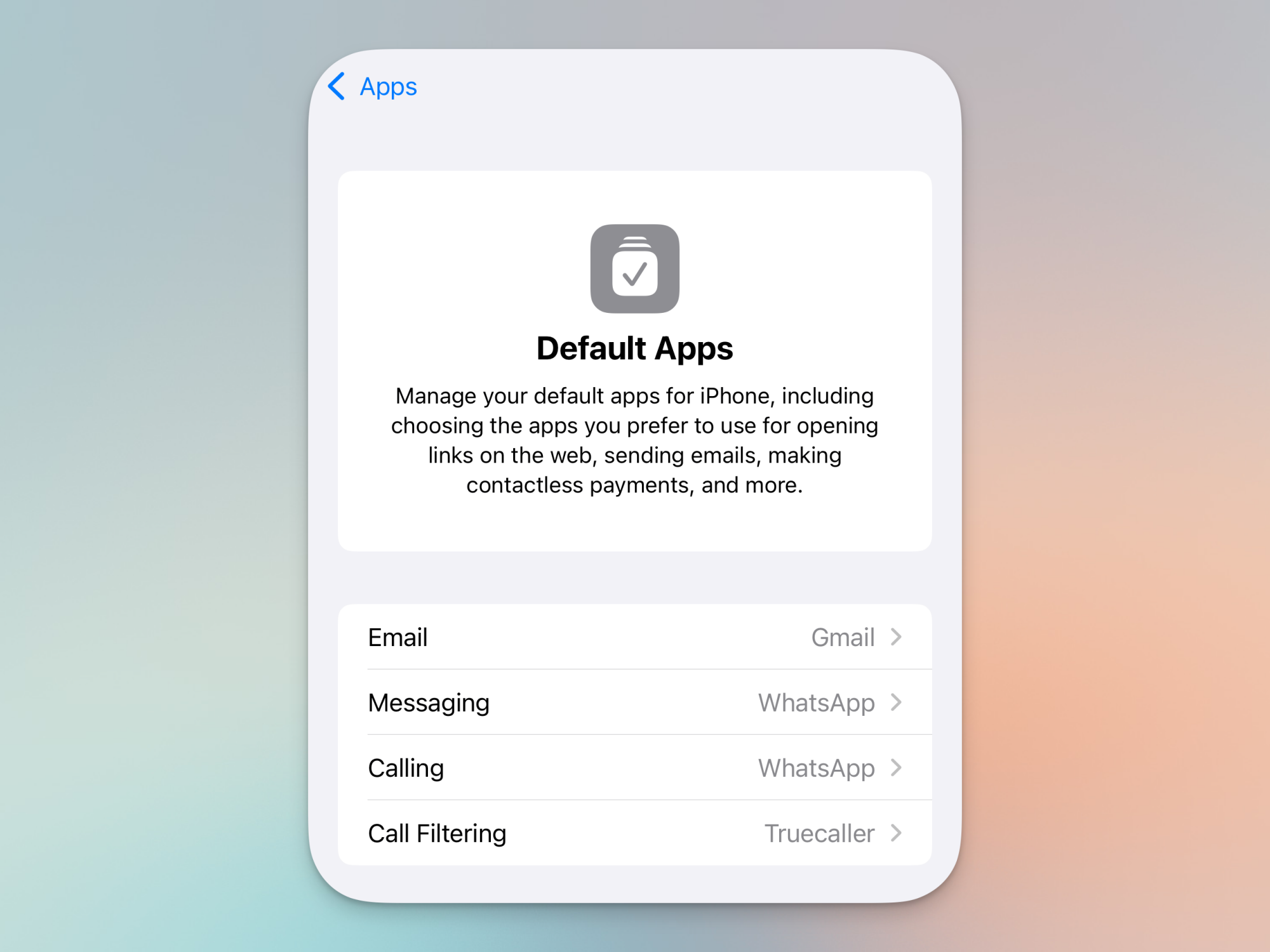 Centre des Applications par défaut dans les Réglages de l'iPhone.