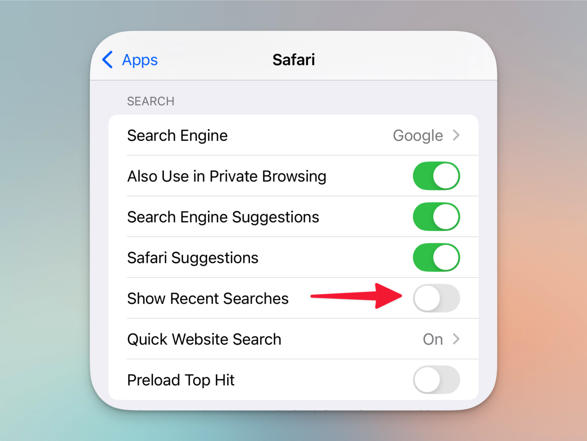 Désactiver les résultats de recherche récents dans Safari.