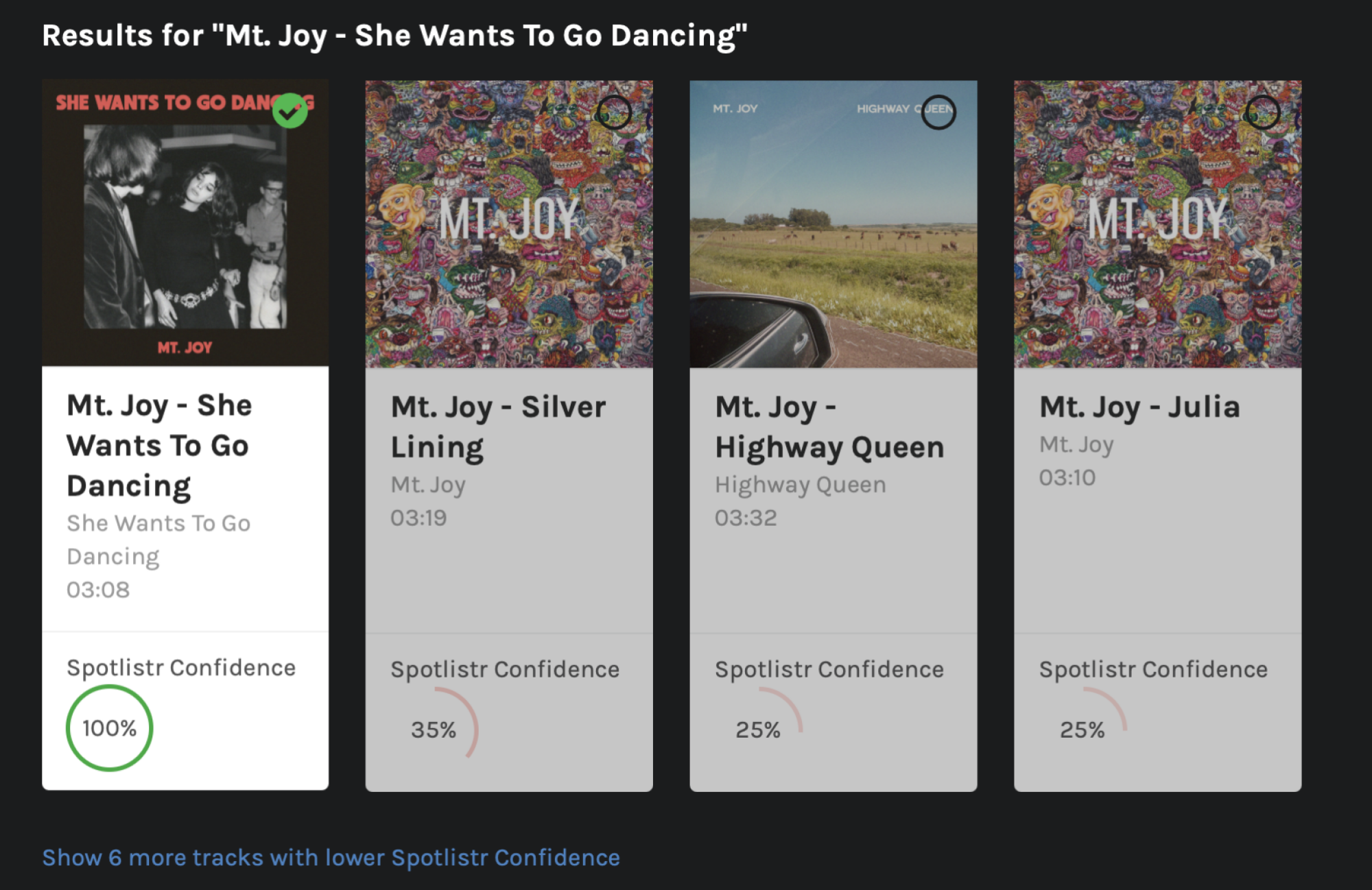 Quelques options pour 'mt. joy she wants to go dancing' sont proposées.