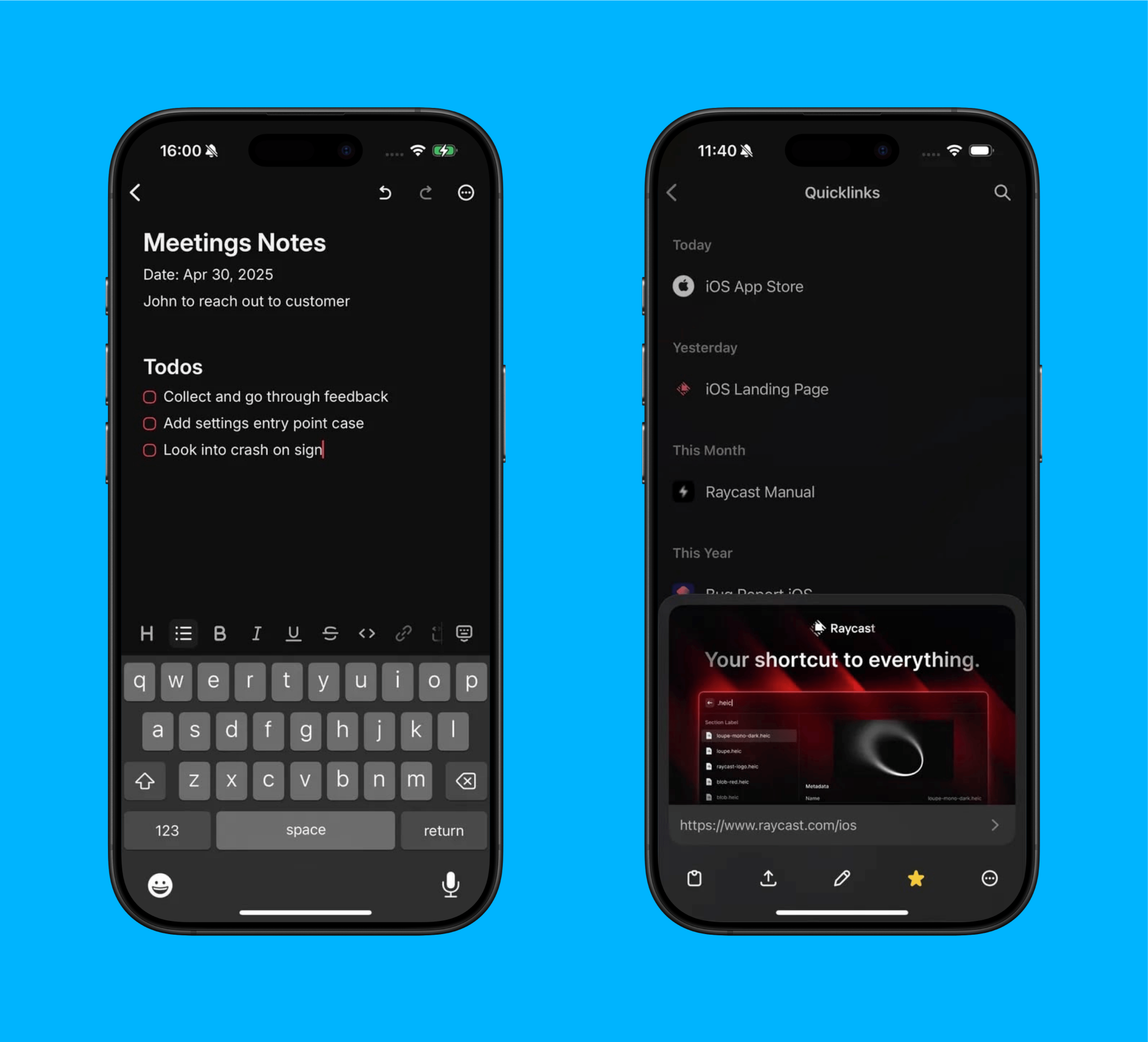 Notes et QuickLinks de Raycast