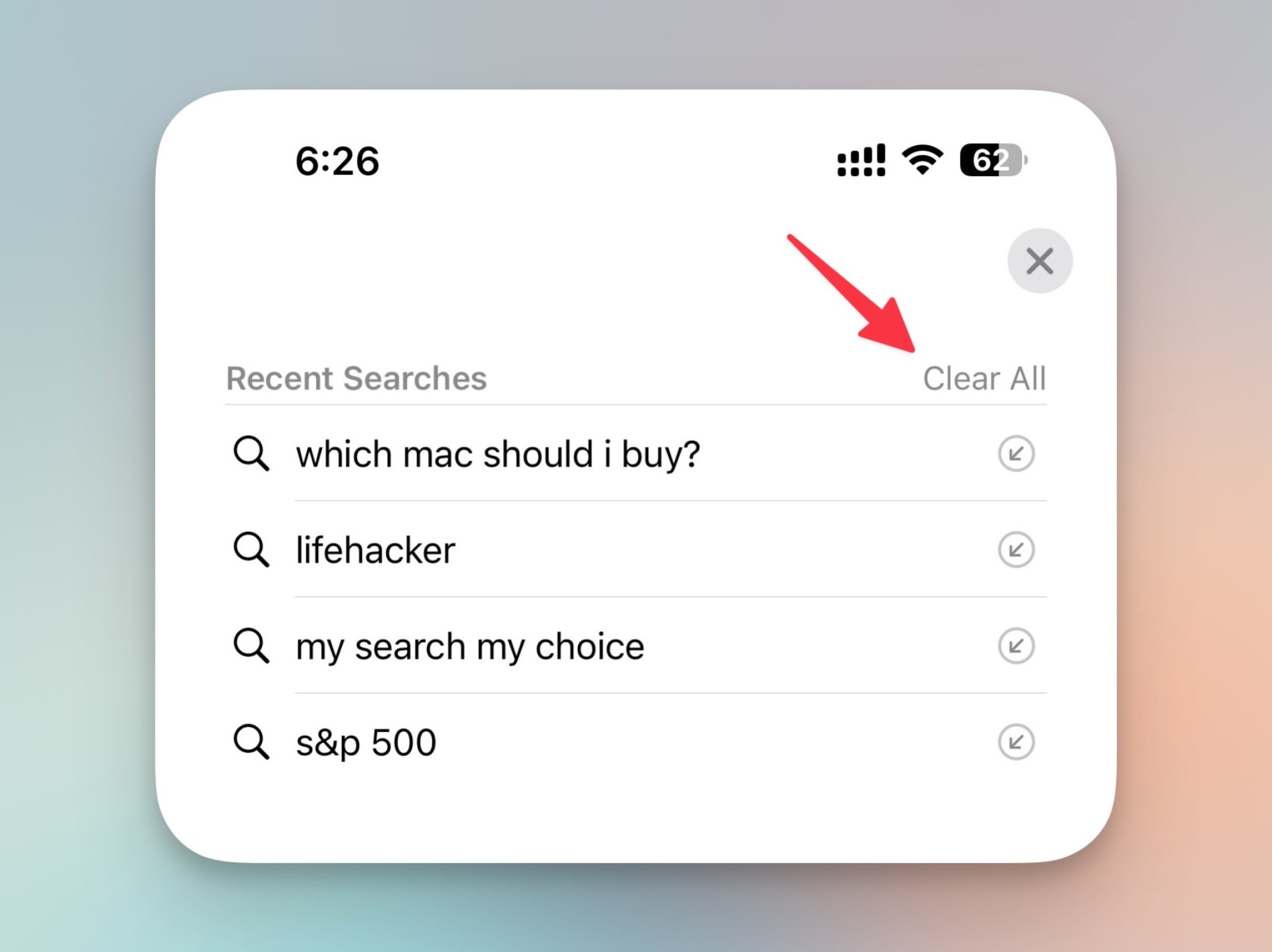 Bouton Effacer tout dans la section Recherches récentes de Safari.