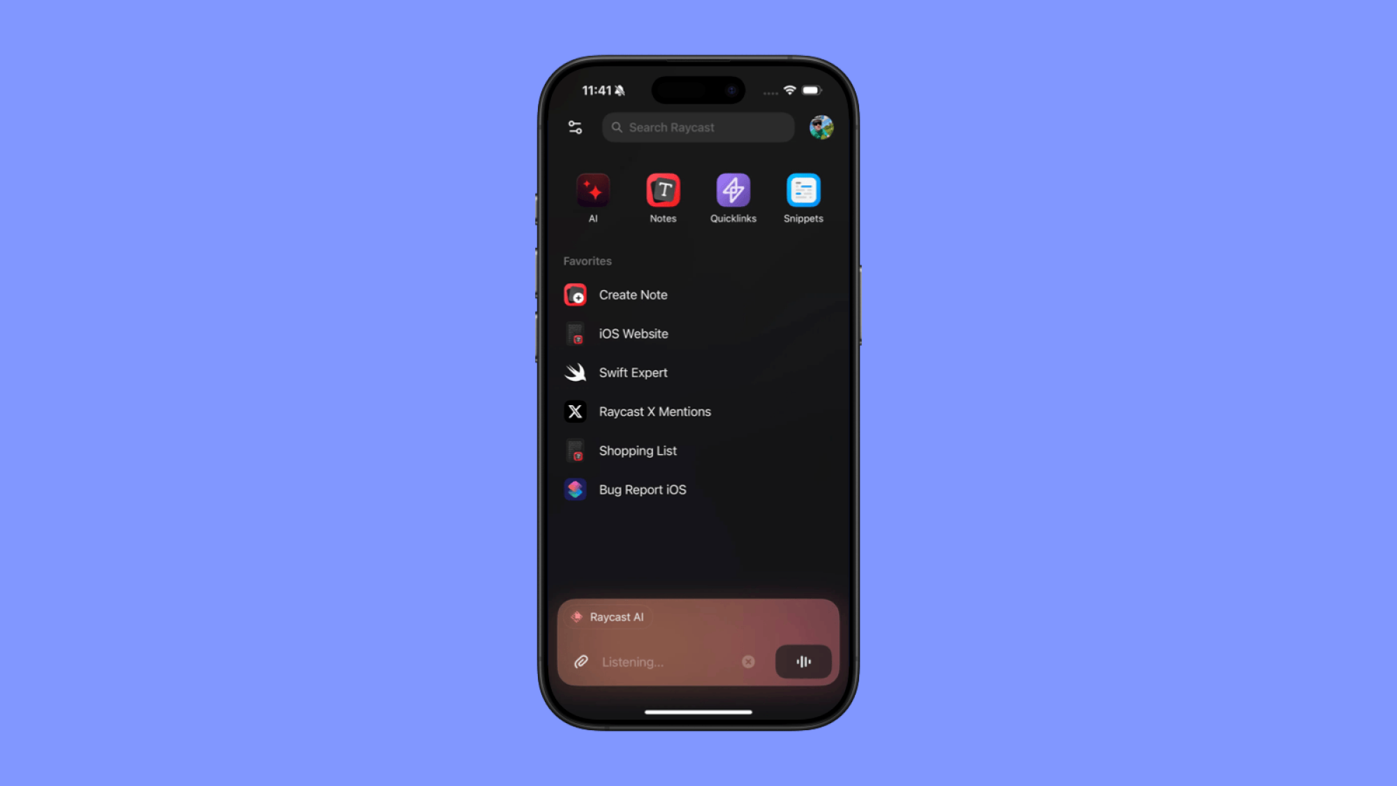 Interface de l'écran d'accueil Raycast.