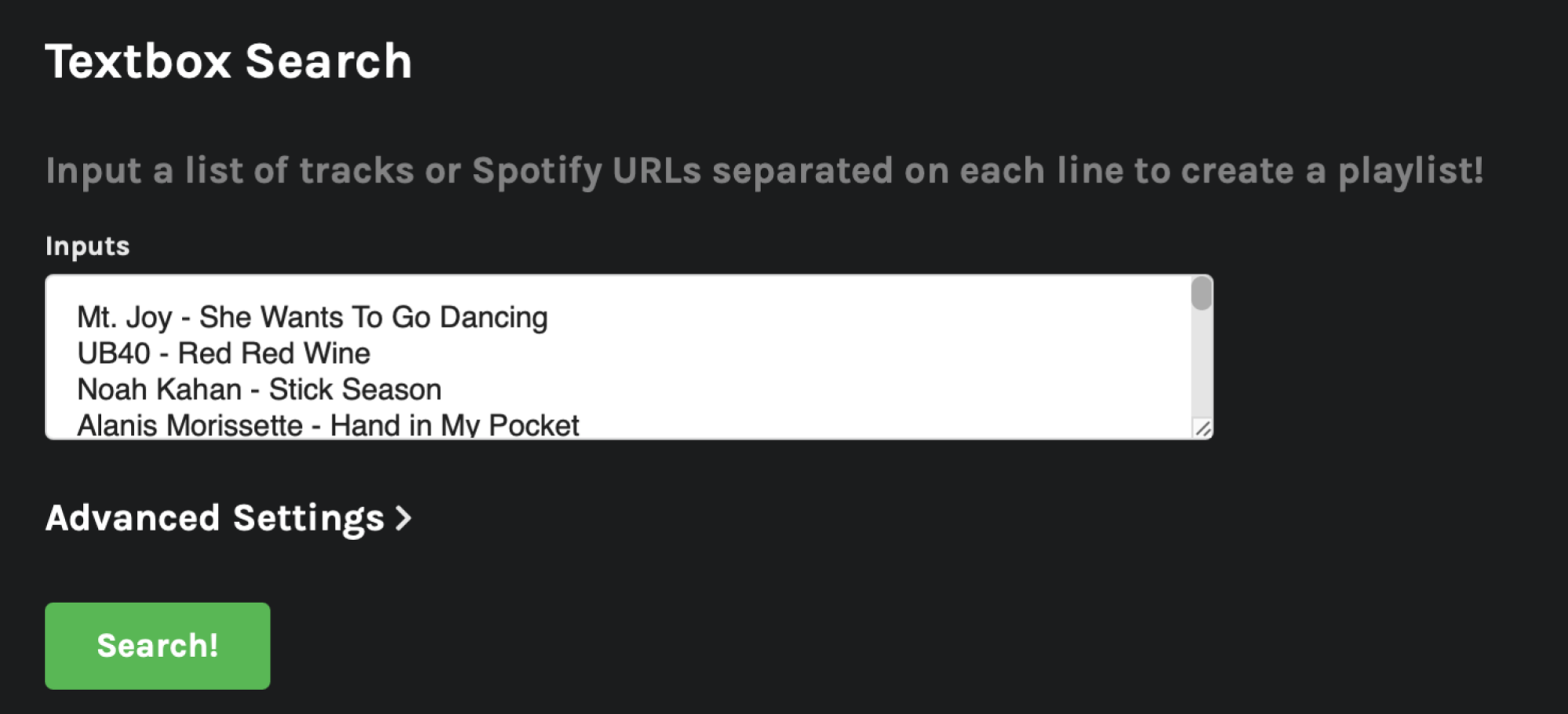 Une collection aléatoire de chansons copiées depuis la playlist d'une station de radio est collée dans la zone de texte