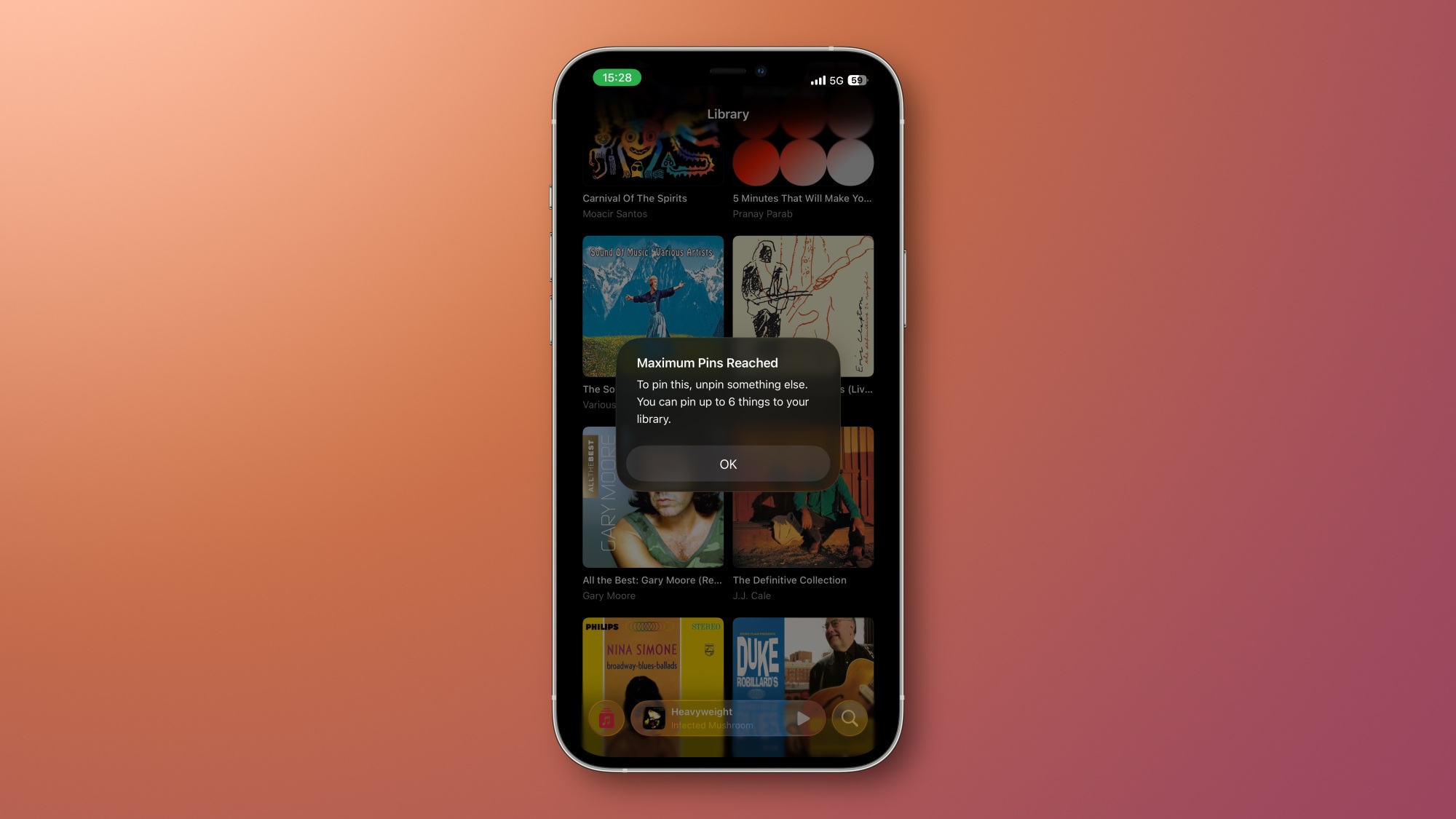 Apple Music dans iOS 26 avec un message indiquant que le maximum de six épingles a été atteint.