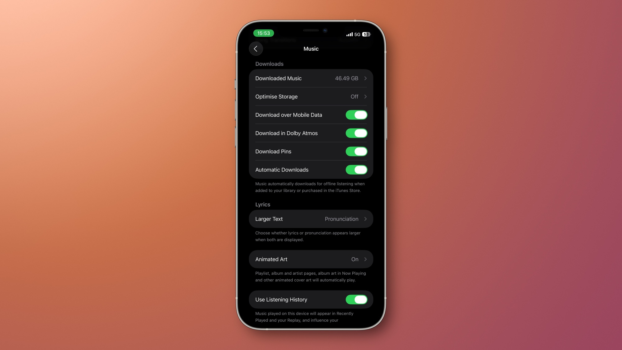 Paramètres d’Apple Music dans iOS 26 montrant le bouton Télécharger les Épingles.