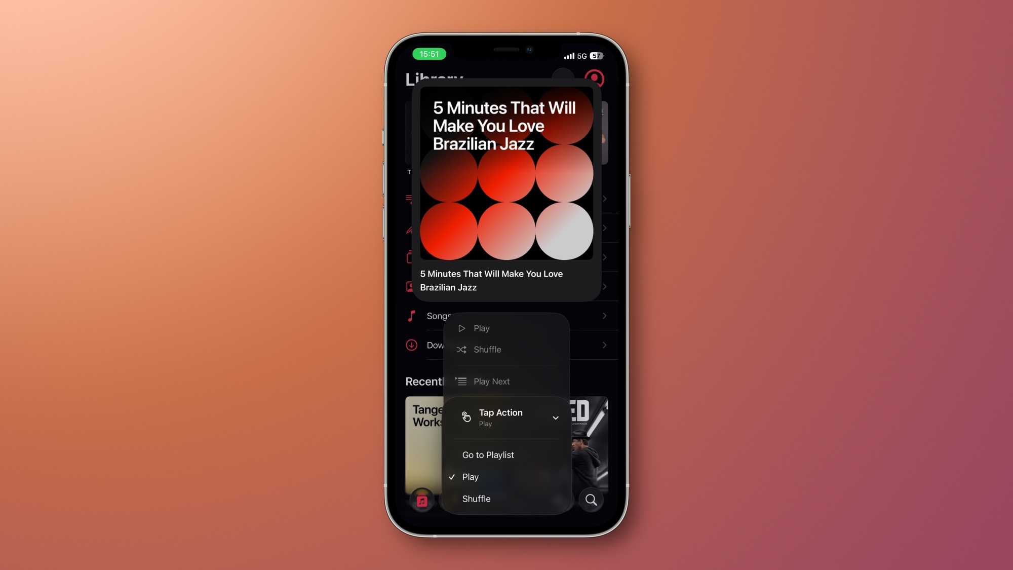 Apple Music dans iOS 26 avec le menu Action Tap visible.