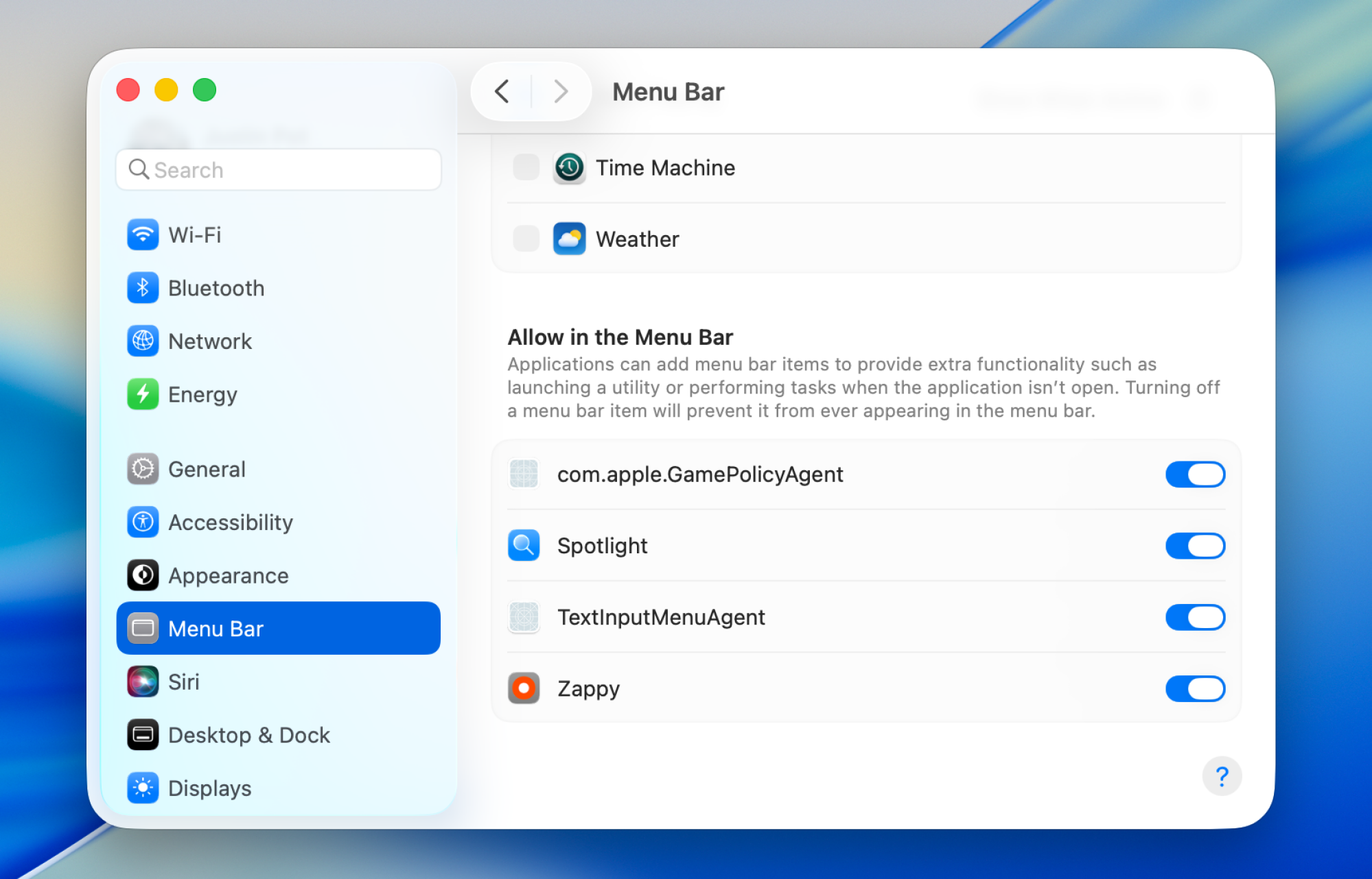 L'application des paramètres de macOS dans Tahoe montrant les paramètres de la barre de menus. Il y a une fonctionnalité pour masquer les icônes de n'importe quelle application.