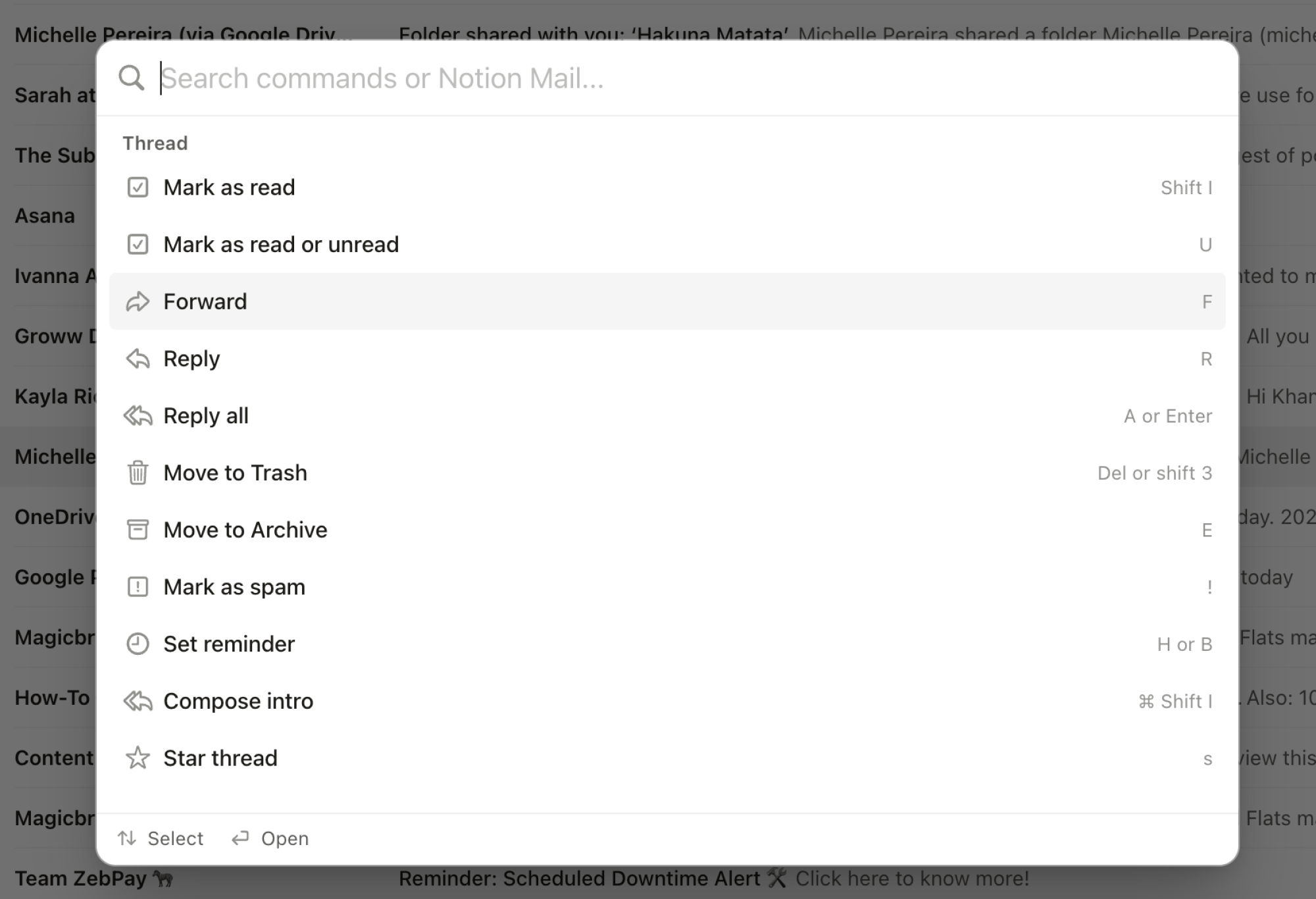 Palette de commandes dans Notion Mail